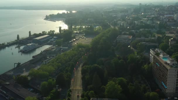 Vuelo Sobre Ciudad Luzern Tráfico Urbano Panorama Aéreo Timelapse Metraje — Vídeos de Stock