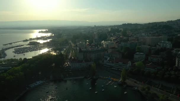 Flyg Över Luzern City Stadstrafik Antenn Panorama Timelapse Bilder Switzerland — Stockvideo