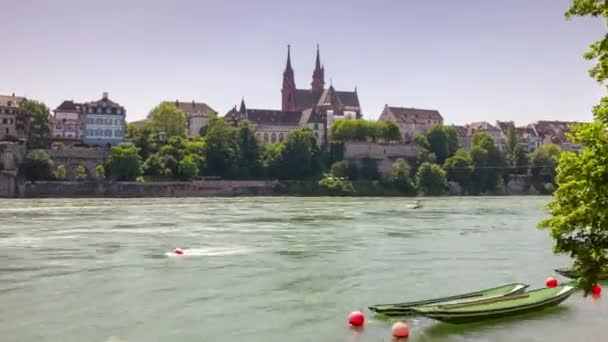 Letni Dzień Lot Nad Rzeką Bazylea Panorama Lotnicza Timelapse Switzerland — Wideo stockowe