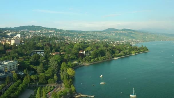 Flug Über Luzern City Stadtverkehr Luftpanorama Zeitraffer Filmmaterial Schweiz — Stockvideo