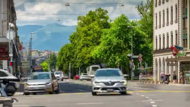 Zwitserland Schemering Geneva Stad Verkeer Straat Timelapse Beeldmateriaal Panorama — Stockvideo