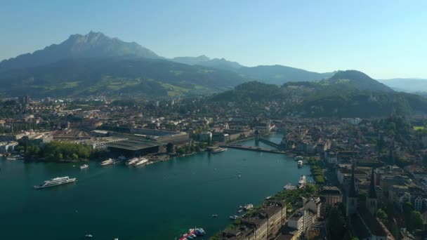 Volo Sopra Lucerna Centro Città Giorno Panorama Aereo Svizzera — Video Stock