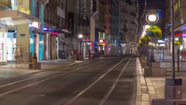 Suiza Crepúsculo Geneva Ciudad Tráfico Calle Timelapse Metraje Panorama — Vídeos de Stock