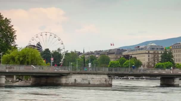 Швейцарський День Генева Люди Які Гуляють Вулицею Timelapse Panorama — стокове відео