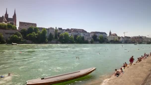 Καλοκαιρινή Μέρα Πτήση Πάνω Από Basel Ποταμού Εναέρια Πανόραμα Timelapse — Αρχείο Βίντεο