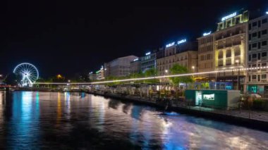 İsviçre Alacakaranlık Cenevre Şehri Trafik Zamanı Panorama 4k