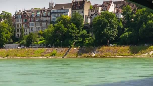 Sommar Dag Flygning Över Basel Stad Flod Antenn Panorama Timelapse — Stockvideo