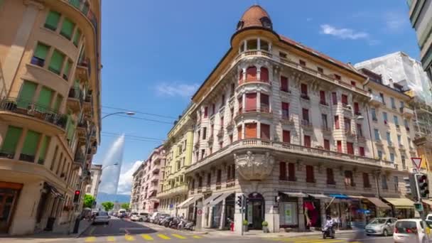 Suiza Crepúsculo Geneva Ciudad Tráfico Calle Timelapse Metraje Panorama — Vídeo de stock