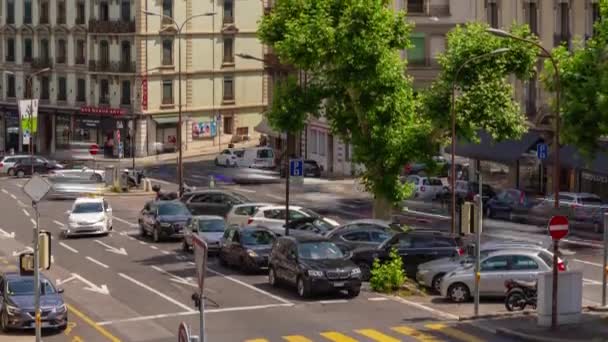 Zwitserland Schemering Geneva Stad Verkeer Straat Timelapse Beeldmateriaal Panorama — Stockvideo