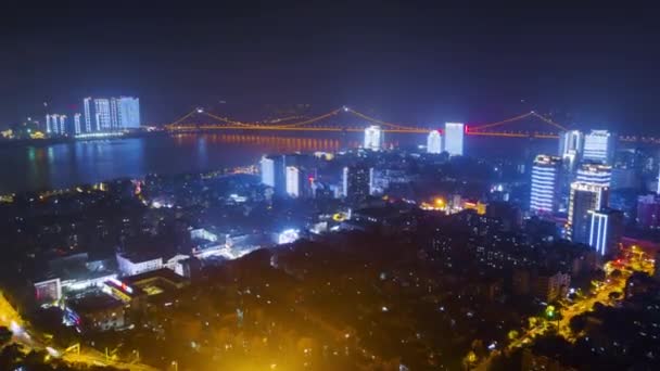 Ночное Время Съемки Городского Пейзажа Города Ухань Китай — стоковое видео