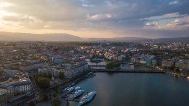 4k Cenevre şehir manzarası nehir kenarı manzarası, İsviçre  