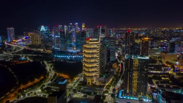 Volo Notturno Sulla Città Singapore Panorama Aereo Timelapse — Video Stock