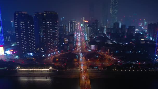 Changsha Stadt Nacht Beleuchtet Berühmten Innenstadt Verkehr Luftbild China — Stockvideo