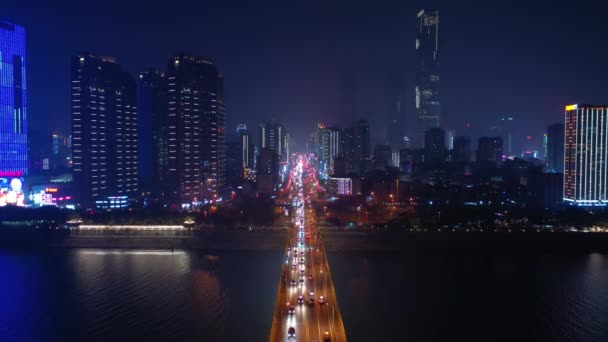 Changsha Città Notte Illuminato Famoso Centro Del Traffico Aereo Panorama — Video Stock