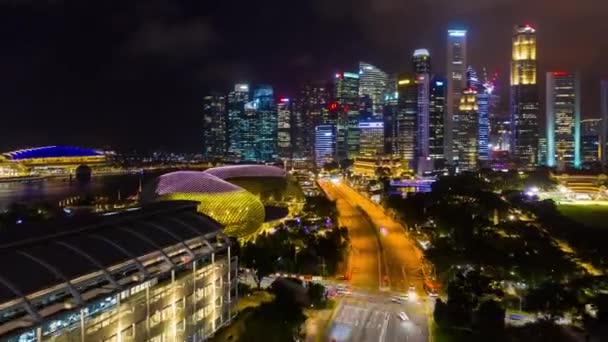 Horário Noturno Singapore Cidade Tráfego Aéreo Panorama Timelapse — Vídeo de Stock