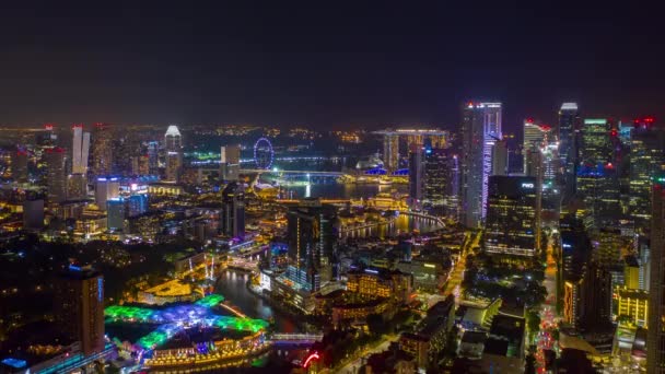 Voo Noturno Sobre Singapore Cidade Panorama Aéreo Timelapse — Vídeo de Stock