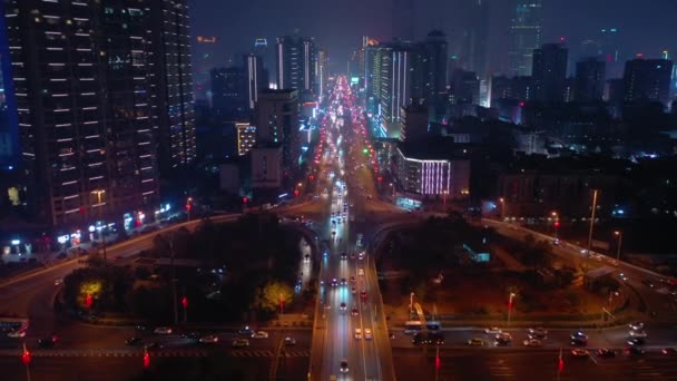 Changsha Město Noc Osvětlené Slavné Centrum Provozu Letecké Panorama Porcelánu — Stock video