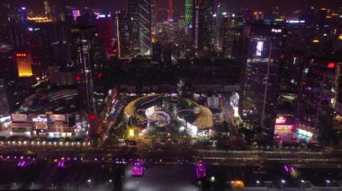 Gece vakti Guangzhou Endüstriyel Şehir Havası Panoraması. 4K Çin porseleni
