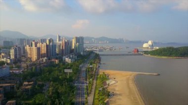Zhuhai şehrindeki opera binasının havadan görünüşü, Çin, 4K