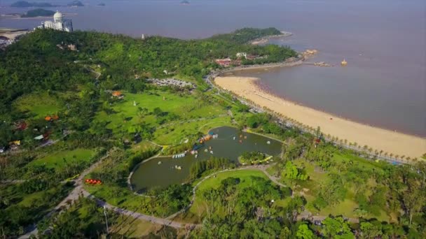 Luftbild Zhuhai Mit Berühmtem Fischermädchen Denkmal Strandbucht China — Stockvideo