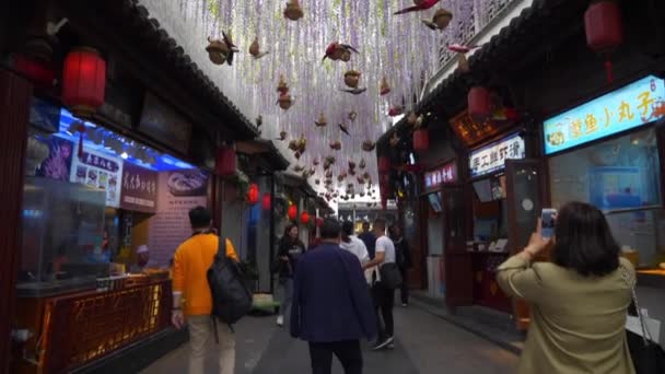 Çin Nanjing Şehrinde Meşhur Kalabalık Yemek Salonu Sokağı — Stok video