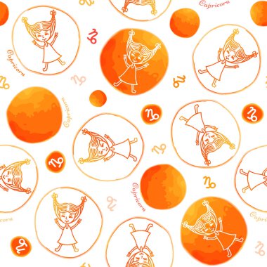 Bir Astroloji, zodyak işaretleri sembolleri ile Seamless modeli. Vektör çizimi taklit suluboya. Beyaz bir arka planda turuncu Oğlak burç.