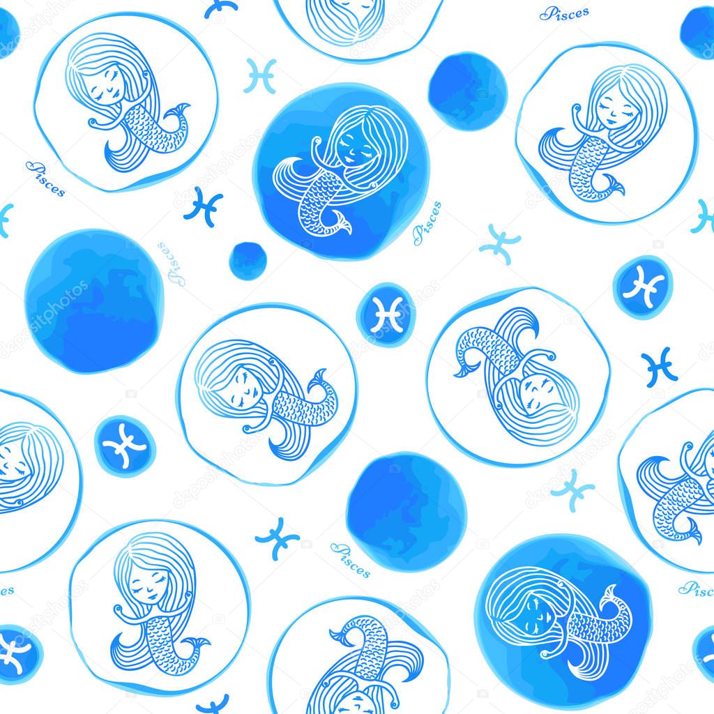 Seamless pattern with symbols of a horoscope, signs of the zodiac. Vector illustration in blue tones simulating watercolor. Pisces zodiac sign.