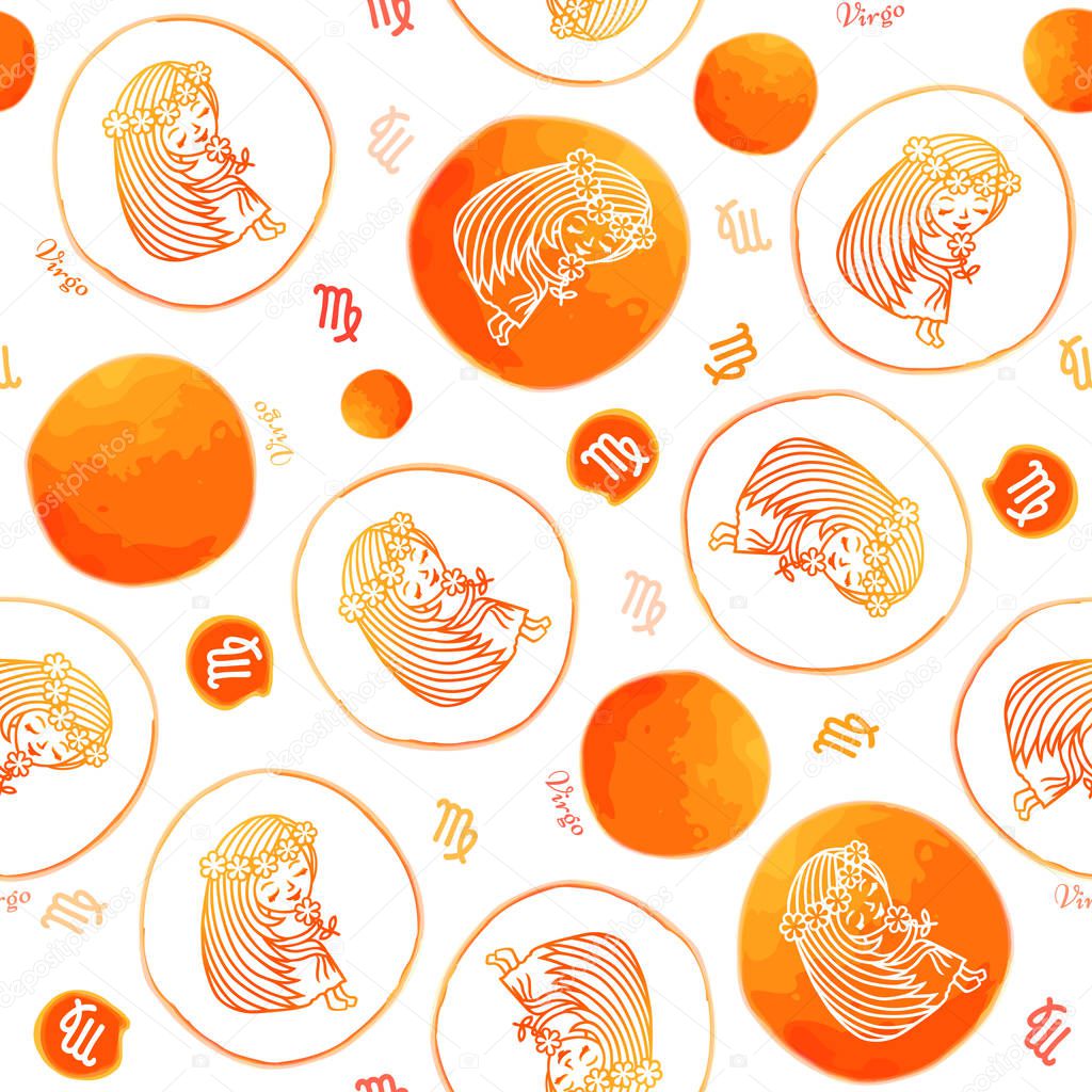 Seamless pattern with symbols of a horoscope, signs of the zodiac. Vector illustration imitating watercolor. Virgo and orange spots on a white background.