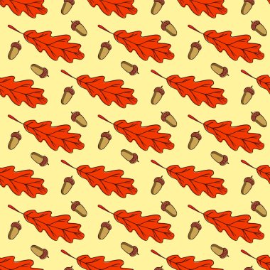 Sonbahar seamless modeli. Meşe yaprağı ve sarı zemin üzerine meşe palamudu. Karikatür tarzı çizilmiş.