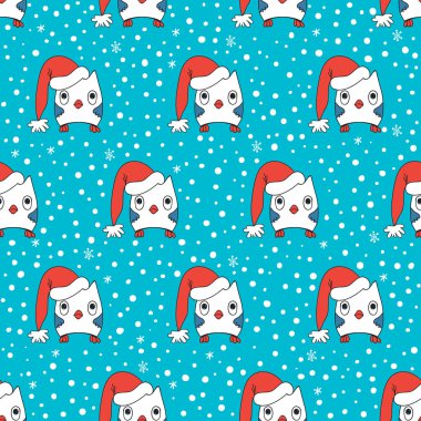 Kırmızı şapkalı bir baykuş. Kar yağışı ile mavi seamless modeli. Sevimli kuş Doodle tarzında elle çizilmiş.