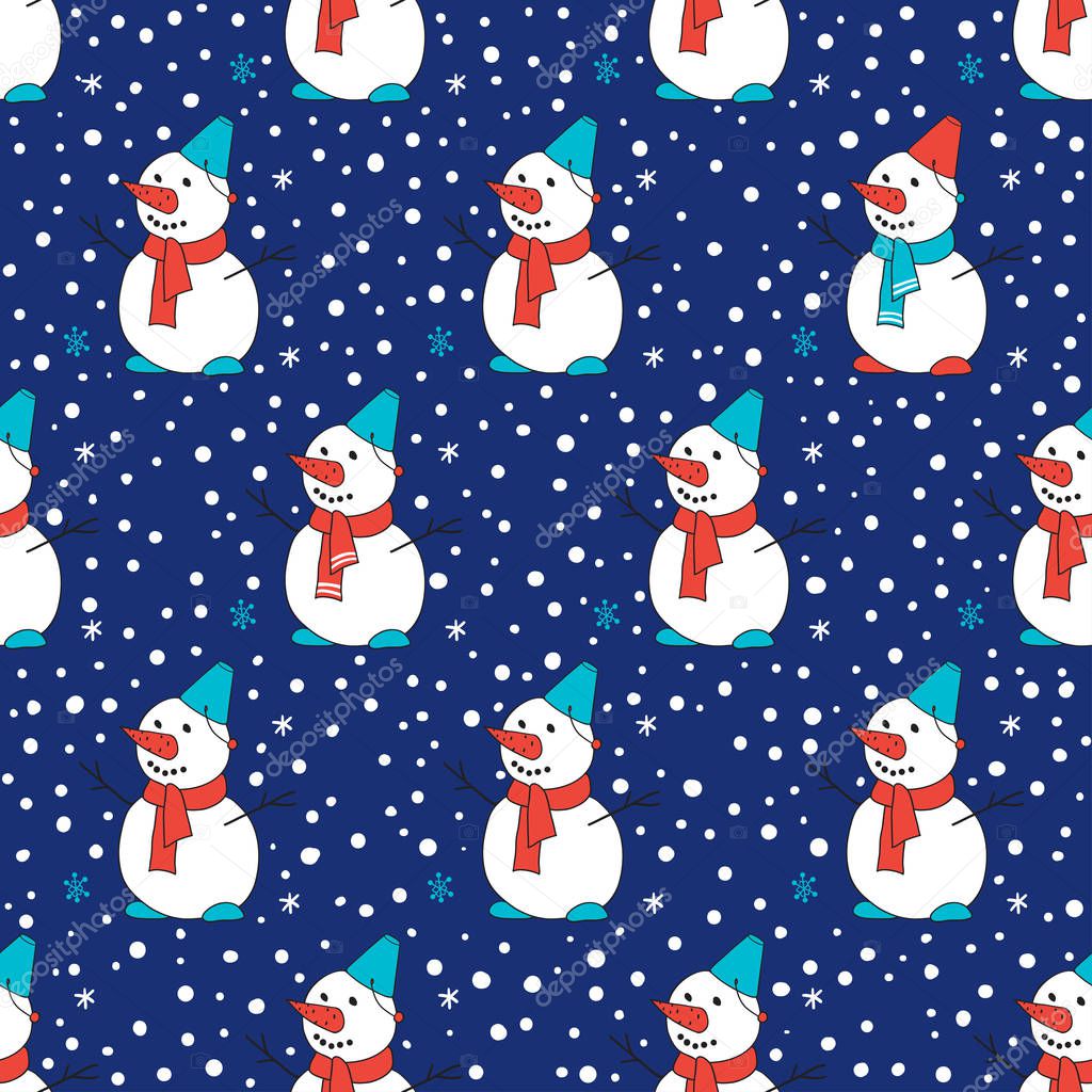 Snowmen on a dark blue background with snow. Winter seamless pattern. Cute characters are drawn by hand in sketch style.