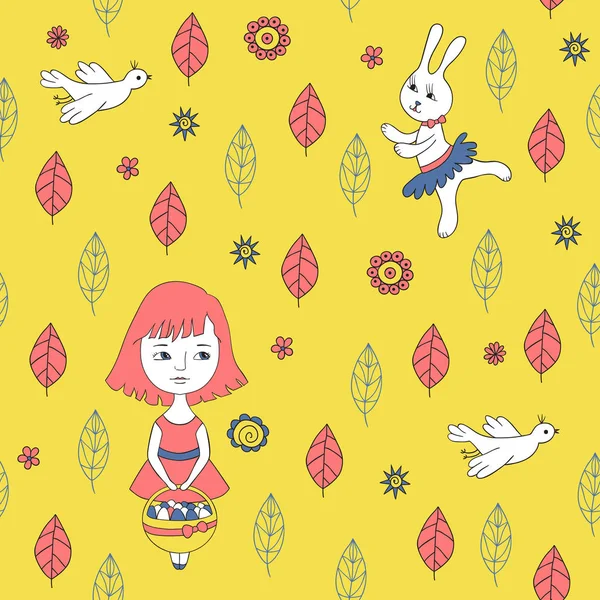 Жовтий безшовний візерунок з дівчиною, куркою і кроликом . — стоковий вектор