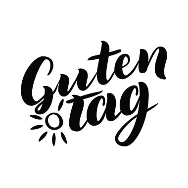 Guten Tag. Word Merhaba, Almanca iyi günler. Moda hat. resimde güneş beyaz zemin üzerine. Çizilmiş yazı.