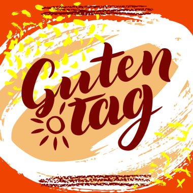 Guten Tag. Word Merhaba, Almanca iyi günler. Moda hat. resimde güneş ile renkli arka plan üzerinde. Çizilmiş yazı.