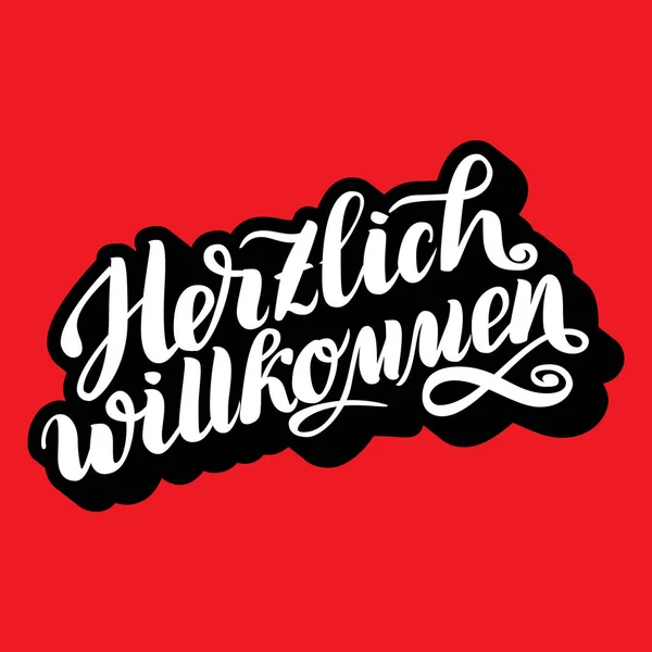 Herzlich willkommen。欢迎。传统的德国啤酒节棺材。手绘画笔刻字插图在红色背景与容量3d 作用对信件. — 图库照片
