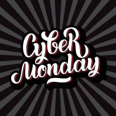 Cyber Pazartesi Satılık el yapımı yazı, logo, afiş, etiketleri, rozetleri, parmak izi, posterler, web için hat arka plan. resimde beyaz harflerle siyah