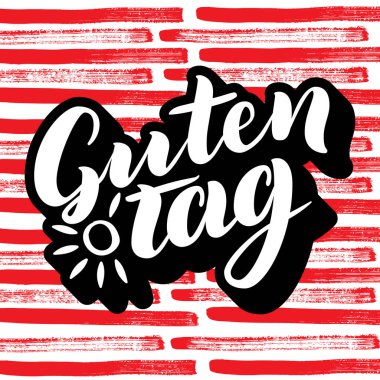 Guten Tag. Word Merhaba, Almanca iyi günler. Moda hat. resimde güneş ile renkli arka plan üzerinde. Çizilmiş yazı.