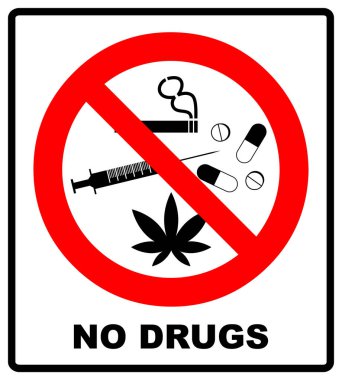 Uyuşturucuya izin yok. Kapsül, marihuana, esrar, tütün, kokain ve diğer uyuşturucular yok. Kırmızı yasak sembol. beyaz izole yasaklı illüstrasyon