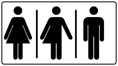 Tüm cinsiyet tuvalet idamı. Erkek, kadın transseksüel. Illüstrasyon. Siyah semboller beyaz üzerine izole. Zorunlu afiş. Kadın, erkek ve transseksüel insan siluetleri seti