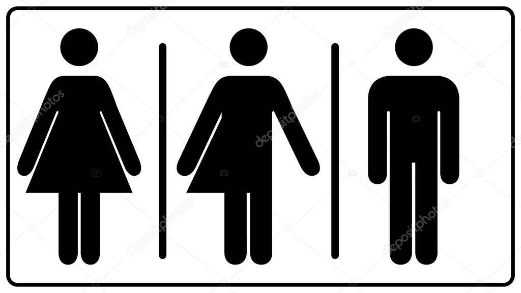 All gender restroom sign. Male, female transgender.  illustration. Black symbols isolated on white. Mandatory banner. Set of female, male and transgender people silhouettes