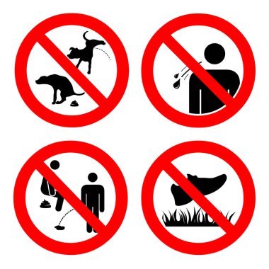Hiç kaka ve işeyen insanlar ve pets, yürümek çimler, tükürme iz yok. Semboller topluluğu. illüstrasyon izole beyaz. Açık havada ve ortak kullanıma açık yerlerde