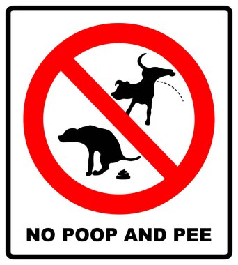 Yasak uyarı işaret peeing ve kaka köpek yok. illüstrasyon izole beyaz. Halka açık yerlerde kırmızı yasağı simgesi. Kaka ve çiş köpek simge yok