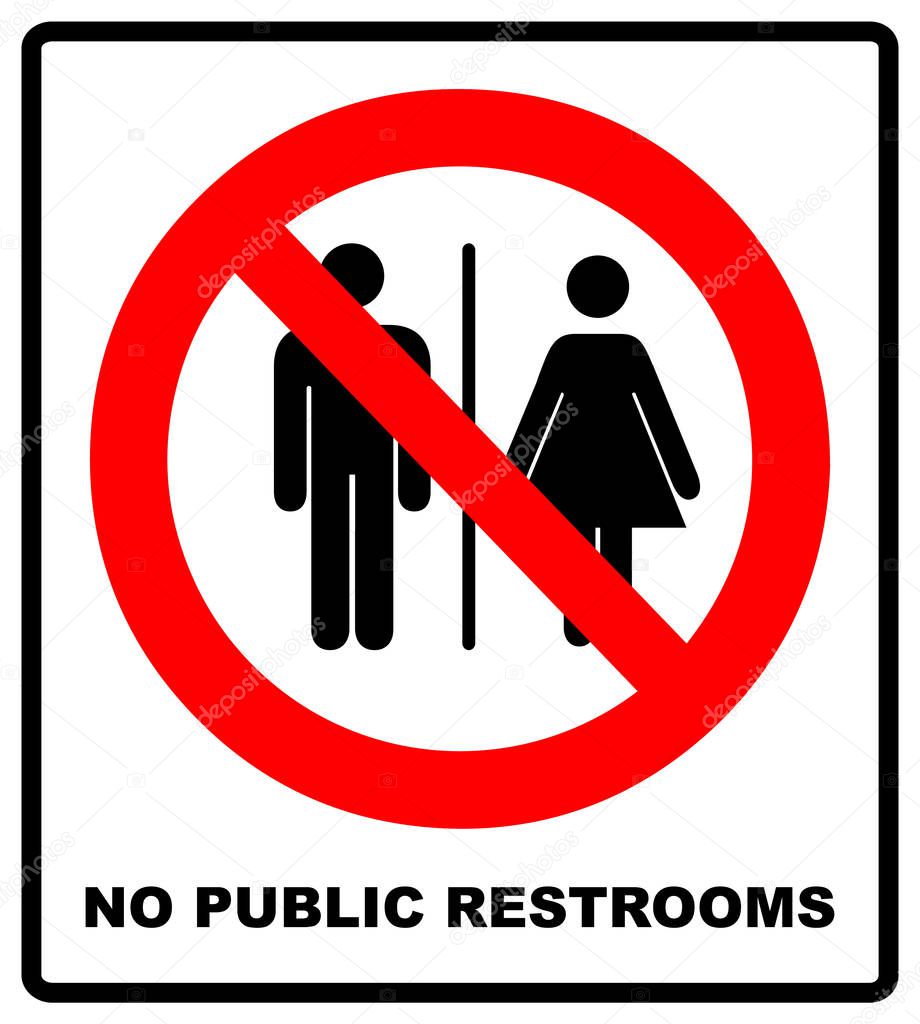 No public restrooms symbol. Do not pooping and peeing people sign. No WC. Warning red banner for outdoors and forests with male, female silhouettes. Prohibition  illustration isolated on white