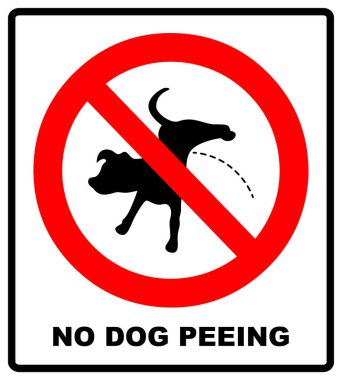 Yasak uyarı oturum hiçbir köpek peeing. illüstrasyon izole beyaz. Halka açık yerlerde kırmızı yasağı simgesi. Pissing köpek simge yok