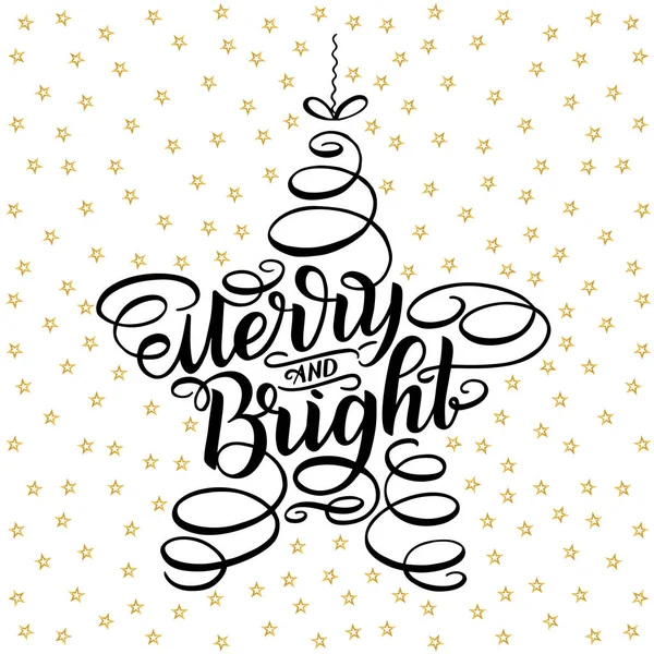 Joyeux et lumineux lettrage encadré dans un jouet en arbre étoilé. Calligraphie dessinée à la main lettrage citations inspirantes. Joyeux voeux de Noël. Bonne année illustration. Typographie message de vacances — Photo