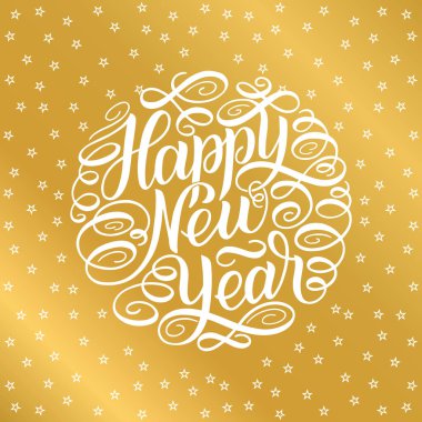 Yeni yılınız kutlu olsun. Beyaz yıldızlı altın arkaplanlı tebrik kartı tasarımı yuvarlak metin çerçevesi. Çizim. El yazısı, imza tarzı kompozisyon.