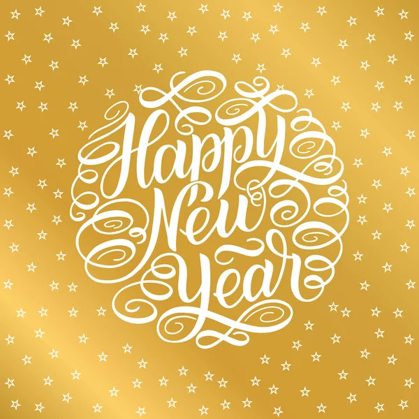 Yeni yılınız kutlu olsun. Beyaz yıldızlı altın arkaplanlı tebrik kartı tasarımı yuvarlak metin çerçevesi. Çizim. El yazısı, imza tarzı kompozisyon.