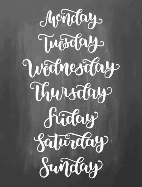 Hand Lettering Days of Week Sunday, Monday, Tuesday, Wednesday, Thursday, Friday, Saturday . Modern Calligraphy on blackboard background. illustration. Brush ink handlettering for schedule. — Stock Photo, Image