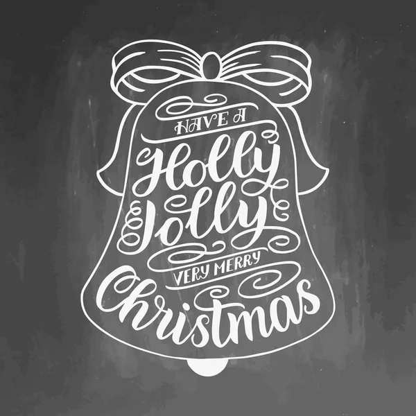 Kutlu, neşeli ve mutlu Noeller. Noel çanları çerçeveli el yazısı tebrik kartı. Klasik tipografi tasarımı. Tahta arka planda beyaz harflerle resimleme. — Stok fotoğraf