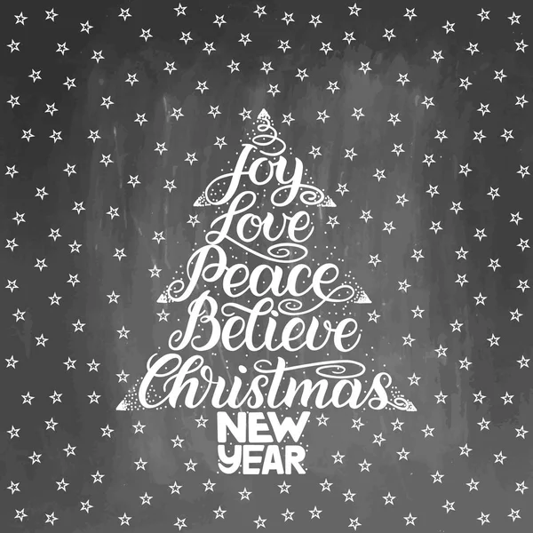 Carte de voeux de Noël. Lettrage du Nouvel An avec le désir de joie, d'amour, de paix, croire dans le cadre de l'arbre de Noël. illustration sur fond de tableau . — Photo